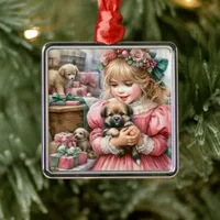 Little Vintage Girl in Pink with Puppies Christmas Metal Ornament