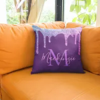 Purple Pink Rainbow Sparkle Glitter Drips Monogram Throw Pillow