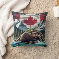 Beaver Building Lodge Near Canadian Flag at Dusk Throw Pillow