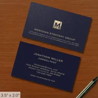 Classic Navy Blue Gold Monogram Business Card