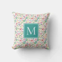 Colorful Boho Spring Garden Flowers Monogram Throw Pillow