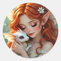 Pretty Red Haired Fairy with Dragon  Classic Round Sticker