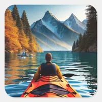 Kayaking on the Water through Mountains and Trees Square Sticker