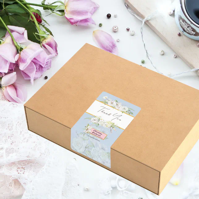 Modern White Rose Floral Thank You Box Label