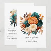 Teal Burnt Orange & Champagne Floral Wedding Thank You Card