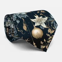 Blue and Gold Christmas Ornaments Poinsettias Neck Tie