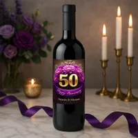 Elegant Purple Flowers 50th Wedding Anniversary Wine Label