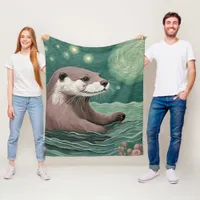 Otter in a Starry Night Ocean Sage and Rose Color Fleece Blanket