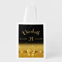 21st birthday black gold bow name grocery bag