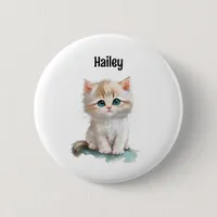 Charming Watercolor Kitten with Blue Eyes Blank Button