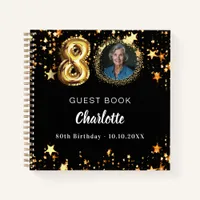 Guest book 80th birthday black gold stars photo
