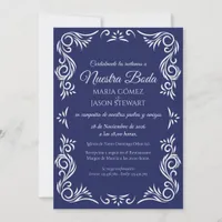 Navy Blue Vintage Formal Elegant Spanish Wedding Invitation