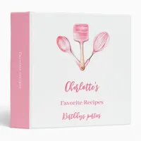 Pink white kitchen utensils baking recipes 3 ring binder