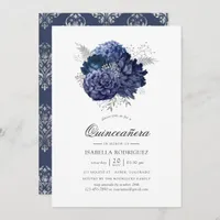 Navy Blue and Silver Vintage Rose Quinceañera Invitation