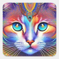 Mystical Royal Colorful Cat Square Sticker