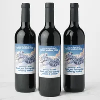 Cute Snow Leopard Cub Sleeps on Clouds Baby Shower Wine Label