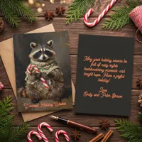Vintage Painted Raccoon with Candy Cane Holiday Card