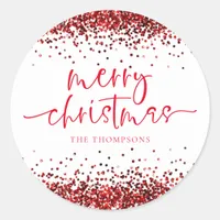 Glam Red Glitter Merry Christmas White Classic Round Sticker