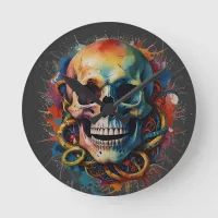 Skull Head with multi-colored Paint Splashes Round Clock