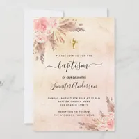Baptism girl boho pampas grass rose gold pink invitation