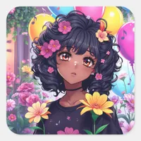 Anime Girl of Color Birthday Square Sticker