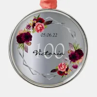 100th birthday silver florals geometric burgundy metal ornament