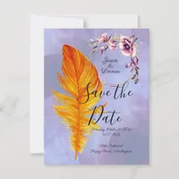 Quirky Flame Orange Feather with Pastel Flowers  Save The Date