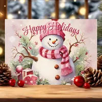 Cheerful Snowman in Pink Scarf  Holiday Card