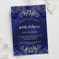 Birthday navy blue flowers elegant invitation postcard