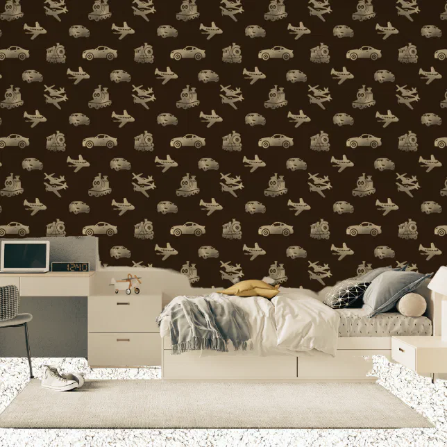 Kids Trains Planes And Cars Metallic Bronze Brown Wallpaper