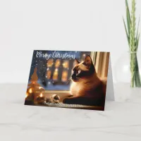 Beautiful Siamese Cat by Window Festive Christmas Holiday Card