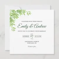 Olive Green Leaf Floral Watercolor Square Wedding Invitation