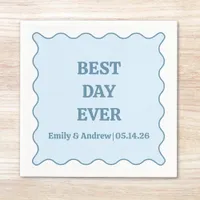 Best Day Ever Dusty Blue Scalloped Custom Wedding  Napkins