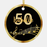 50th birthday music notes black gold name ceramic ornament