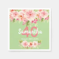 Birthday green blush pink florals name napkins