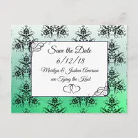 Black Green Damask Wedding Save the Date Postcards