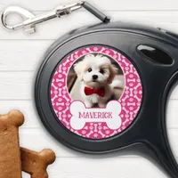 Pink And White Dog Bone Paw Pattern Pet Photo Retractable Pet Leash