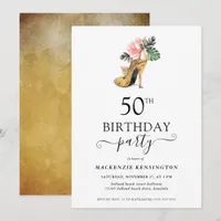 Elegant Floral Gold High Heels 50th Birthday Invitation