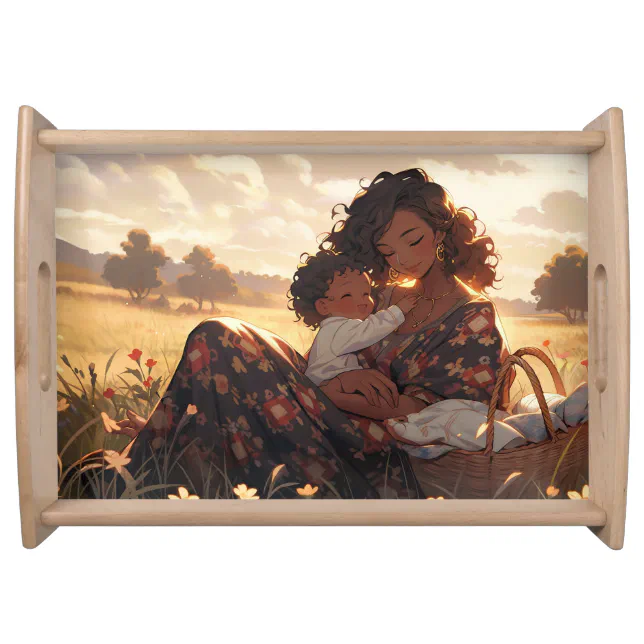 Anime mother in a morning meadow serving tray