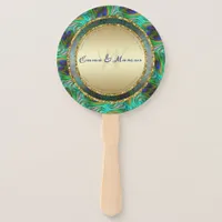 Peacock Feathers Gold Round Wedding Menu Hand Fan