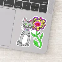 Whimsical Folk Art Gray  Cat and Colorful Flower Sticker