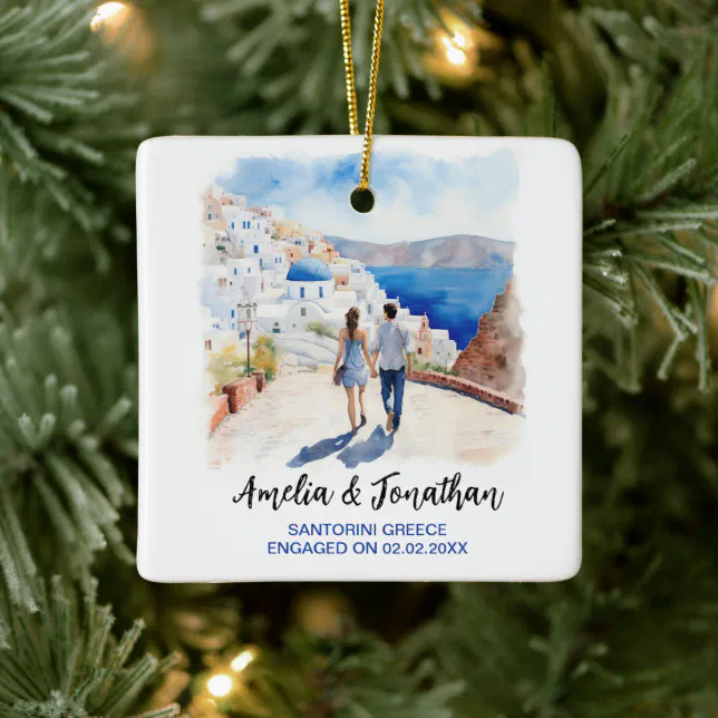 Couple at Santorini Island | Watercolor Travel Art Ceramic Ornament