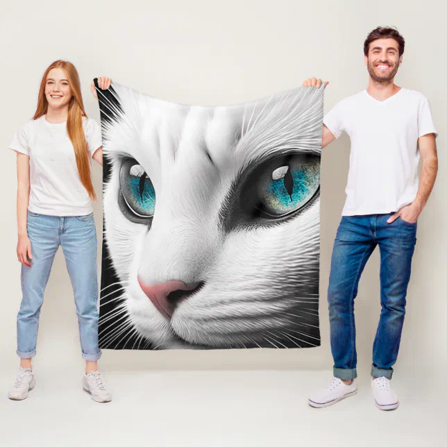 Albino White Cat Face Jewel Eyes Fleece Blanket