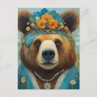 ... Bear in a Crown With Flowers Hippie Postcard