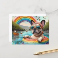 Cute French Bulldog on a Rainbow Color Float Postcard