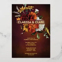 Bold Orange Rust Fall Floral Modern Wedding  Foil Invitation