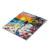 Woman on Beach Tropical Scene Ceramic Tile