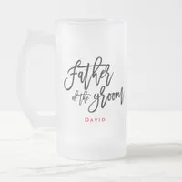 Elegant Black Script Father of the Groom Name Gift Frosted Glass Beer Mug