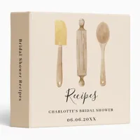 Wooden kitchen utensils beige Bridal Shower recipe 3 Ring Binder