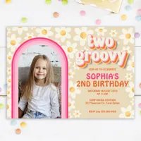 Two Groovy Retro Daisy Photo Birthday Invitation –